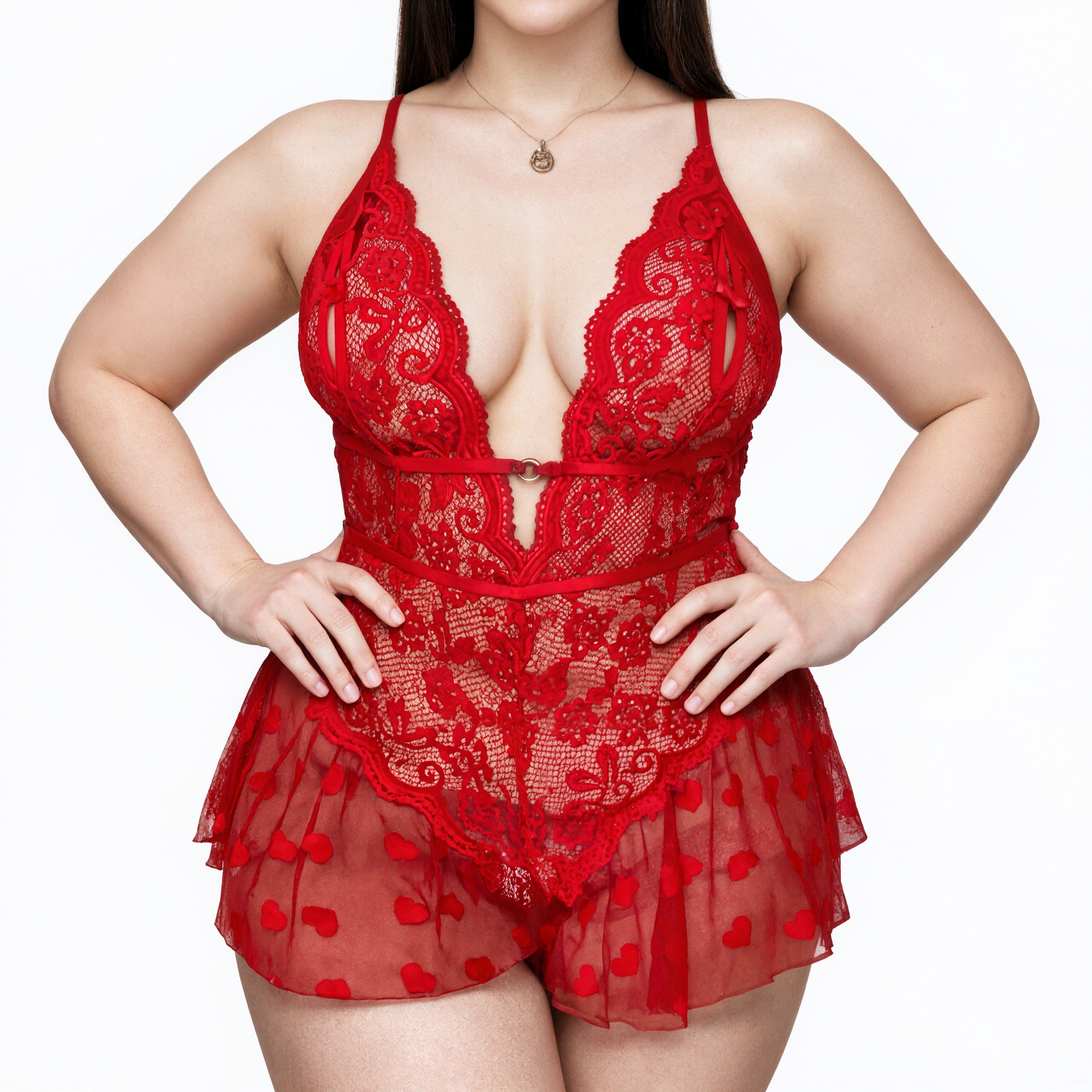 Red Lace Babydoll Lingerie - Sheer Heart Mesh Halter Backless Teddy