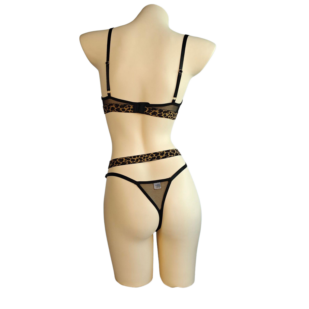 Leopard Print Sheer Mesh Lingerie Set  |  2 Piece Gold Chain Bra & Panty Set