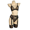 Curvy Sheer Mesh Lingerie Set - 3 Piece Garter Belt Teddy Bodysuit with Stockings