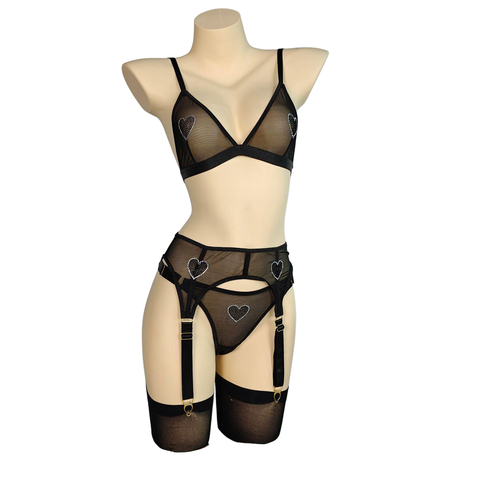 Curvy Sheer Mesh Lingerie Set - 3 Piece Garter Belt Teddy Bodysuit with Stockings