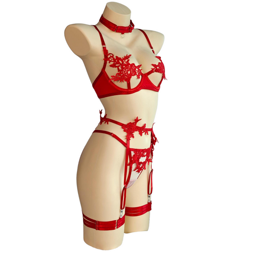 Black Lace Lingerie Set | 3-Piece Open Cup Bra & Garter Belt & Panty