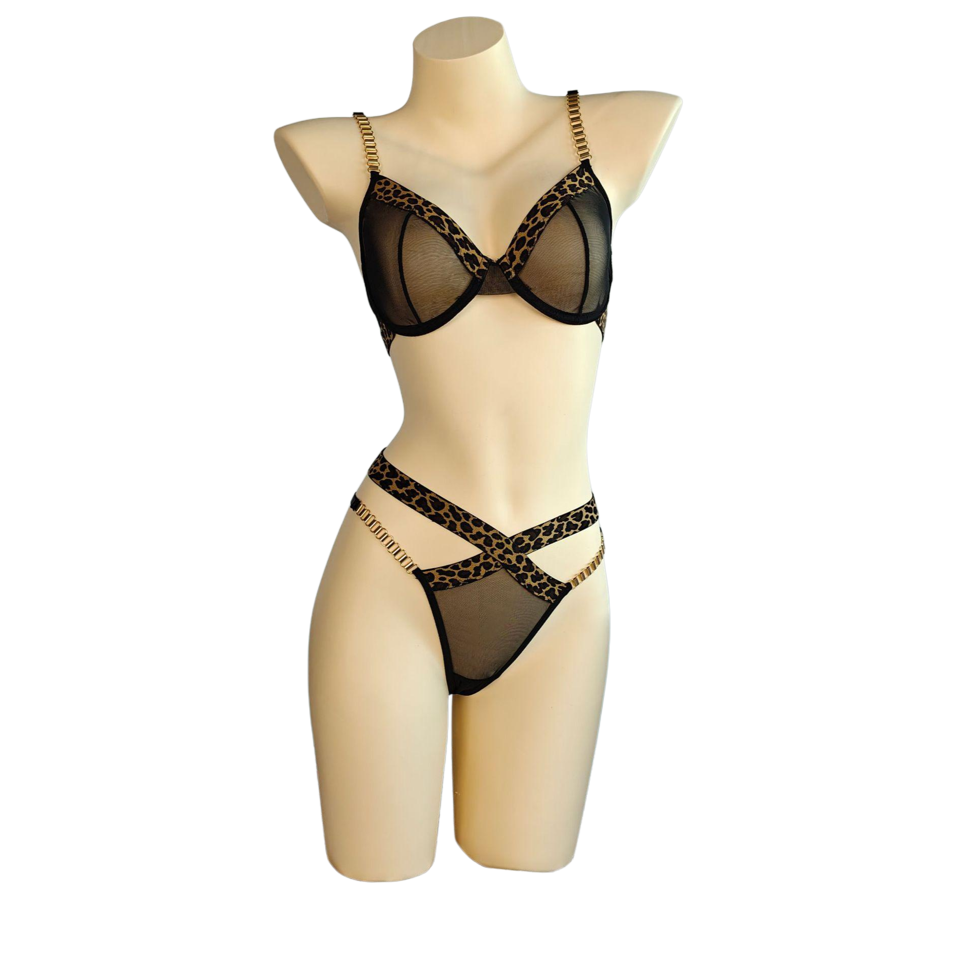 Leopard Print Sheer Mesh Lingerie Set  |  2 Piece Gold Chain Bra & Panty Set