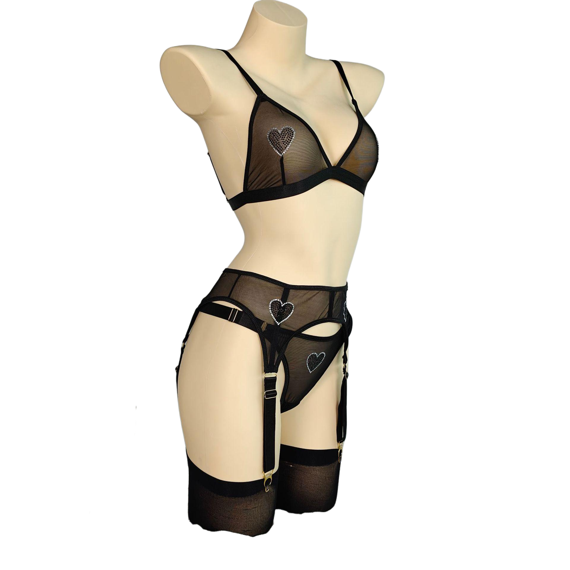 Curvy Sheer Mesh Lingerie Set - 3 Piece Garter Belt Teddy Bodysuit with Stockings