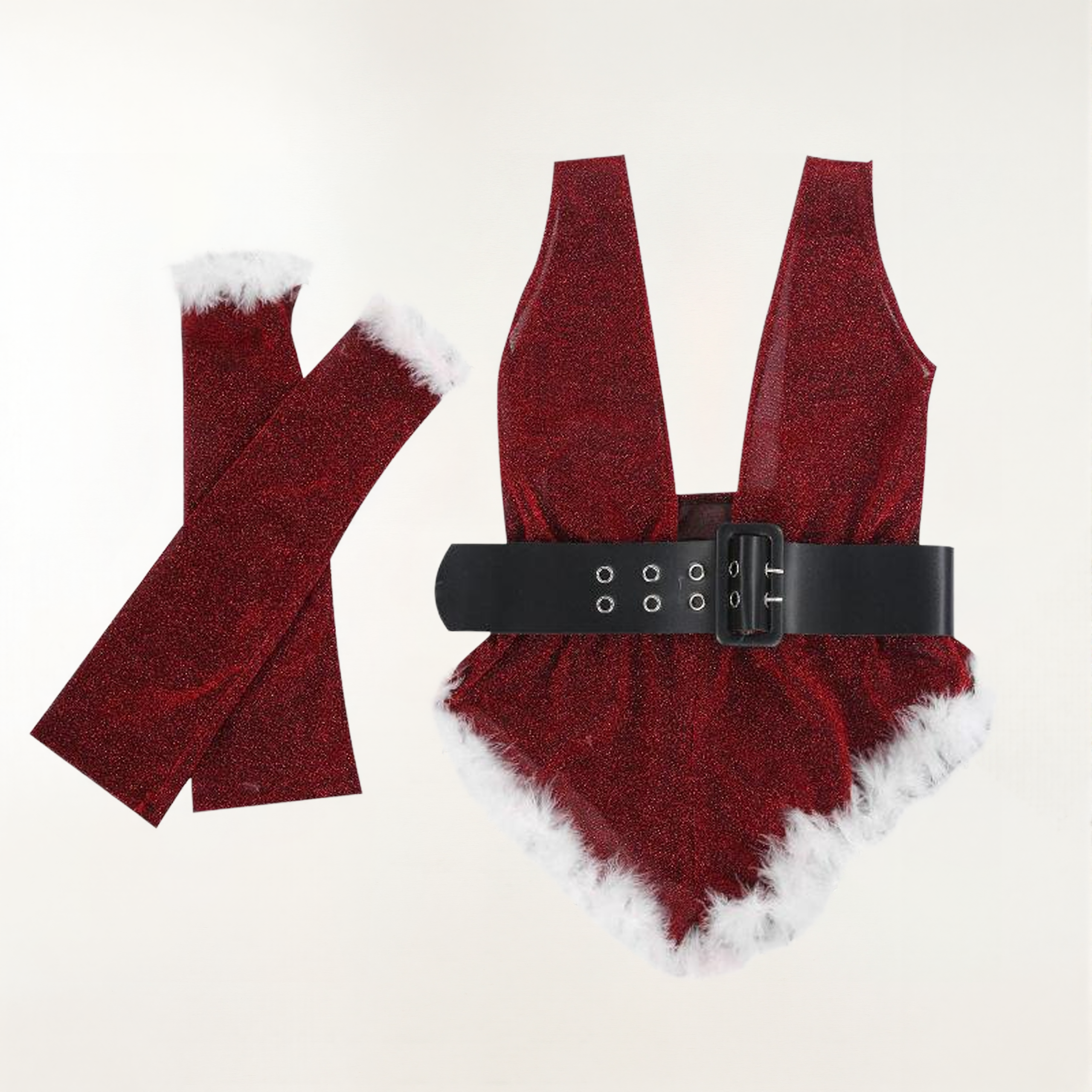 Red Velvet Christmas Teddy Lingerie with Faux Fur Trim - Santa Bodysuit