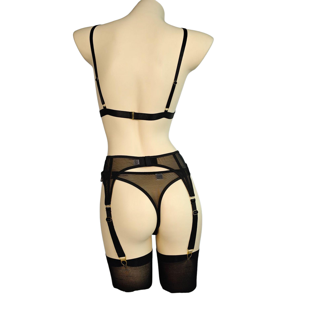 Curvy Sheer Mesh Lingerie Set - 3 Piece Garter Belt Teddy Bodysuit with Stockings
