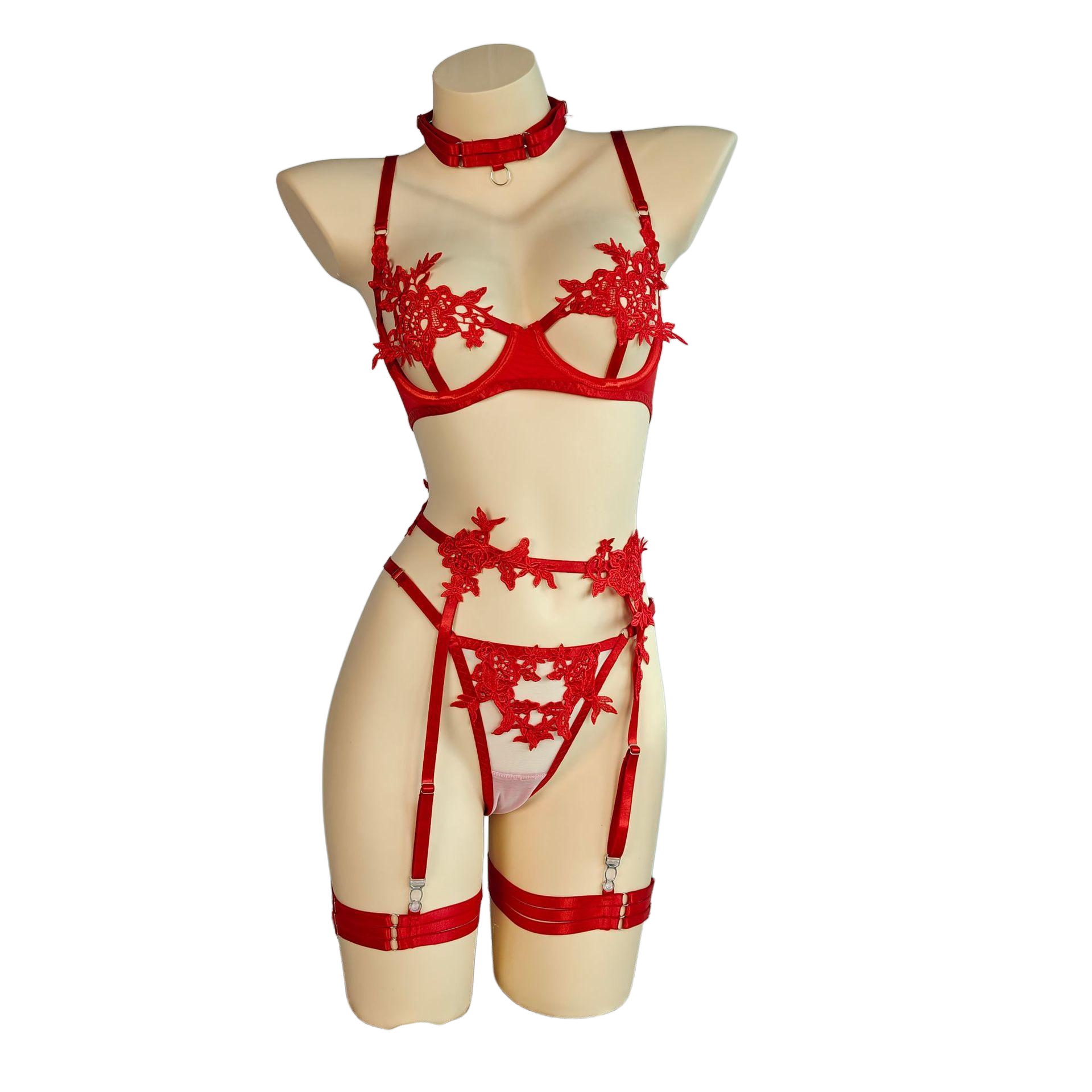 Black Lace Lingerie Set | 3-Piece Open Cup Bra & Garter Belt & Panty