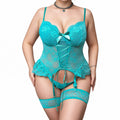 Blue Lace Teddy Lingerie - Floral Mesh Bodysuit with Garter Belts