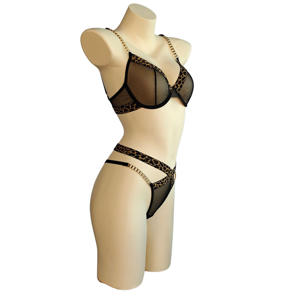 Leopard Print Sheer Mesh Lingerie Set  |  2 Piece Gold Chain Bra & Panty Set